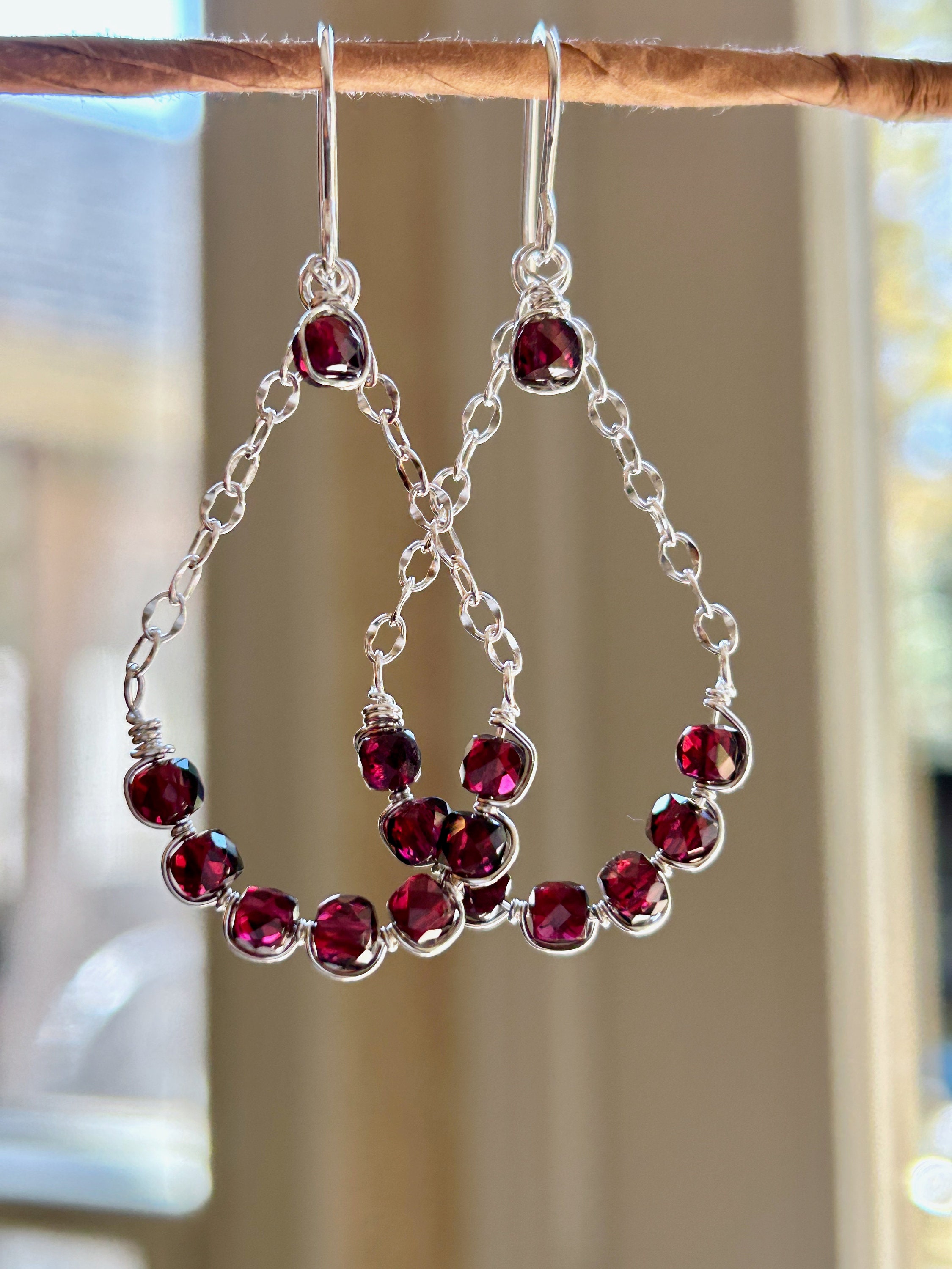 Garnet Crystal Earrings with Ornate Sterling Silver Beads - Simple