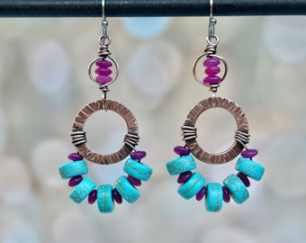 Blue Boho Earrings Copper, Turquoise Blue Howlite Dangle Earrings, Purple Jade, Copper Hoop Earrings, Gift for Her