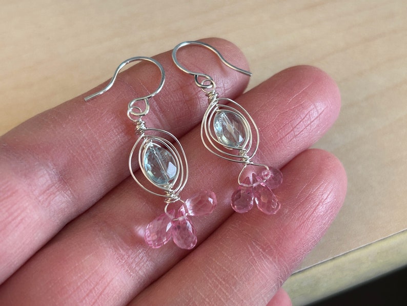 Aquamarine Earrings Silver, Pink Topaz Dangle Earrings, Blue Gemstone Dangle, Pink Gemstone Drop, March Birthstone, Gift for Wife image 4