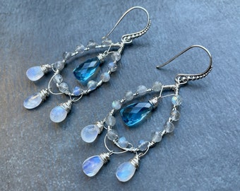 Rainbow Moonstone Earrings Silver, Chandelier Earrings, Labradorite Blue Quartz Dangle Earrings Sterling Silver, Blue Sparkle Earrings