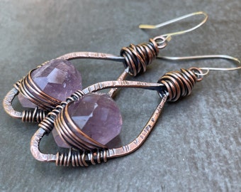 Wire Wrapped Copper Amethyst Earrings