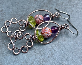 Dzi Agate, Amethyst and Peridot Earrings, Swirly Copper Dangle Earring, Colorful Boho Earrings