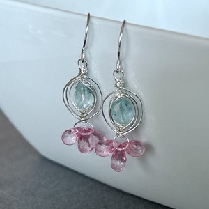 Aquamarine Earrings Silver, Pink Topaz Dangle Earrings, Blue Gemstone Dangle, Pink Gemstone Drop, March Birthstone, Gift for Wife image 9