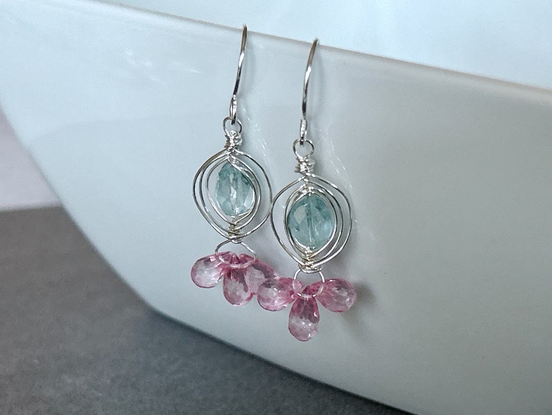 Aquamarine Earrings Silver, Pink Topaz Dangle Earrings, Blue Gemstone Dangle, Pink Gemstone Drop, March Birthstone, Gift for Wife image 9