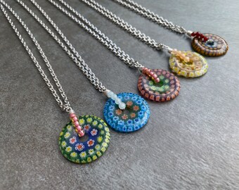 Glass Flower Necklace, Colorful Glass Pendant, Beaded Glass Necklace, Millefiori Glass, Circle Necklace, Friendship Necklace, Gift for Her