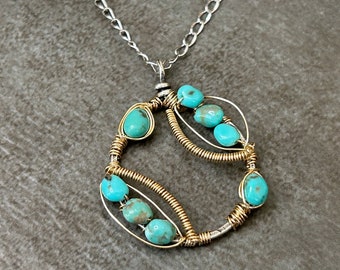 Collier turquoise en argent sterling et or, pendentif en mélange de métaux, turquoise Campitos, collier turquoise élégant, cadeau pour elle, cadeau de Noël