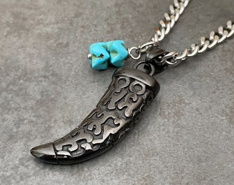Mens Black Horn Necklace, Mens Turquoise Necklace, Horn Pendant, Stainless Steel Curb Chain, Boyfriend Gift, Husband Gift