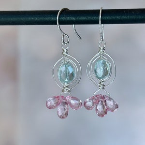 Aquamarine Earrings Silver, Pink Topaz Dangle Earrings, Blue Gemstone Dangle, Pink Gemstone Drop, March Birthstone, Gift for Wife image 1