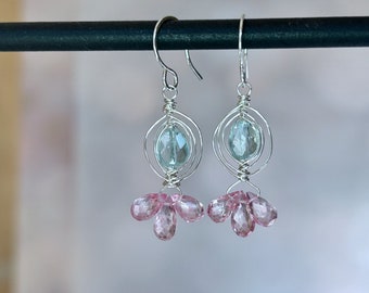 Aquamarine Earrings Silver, Pink Topaz Dangle Earrings, Blue Gemstone Dangle, Pink Gemstone Drop, March Birthstone, Gift for Wife