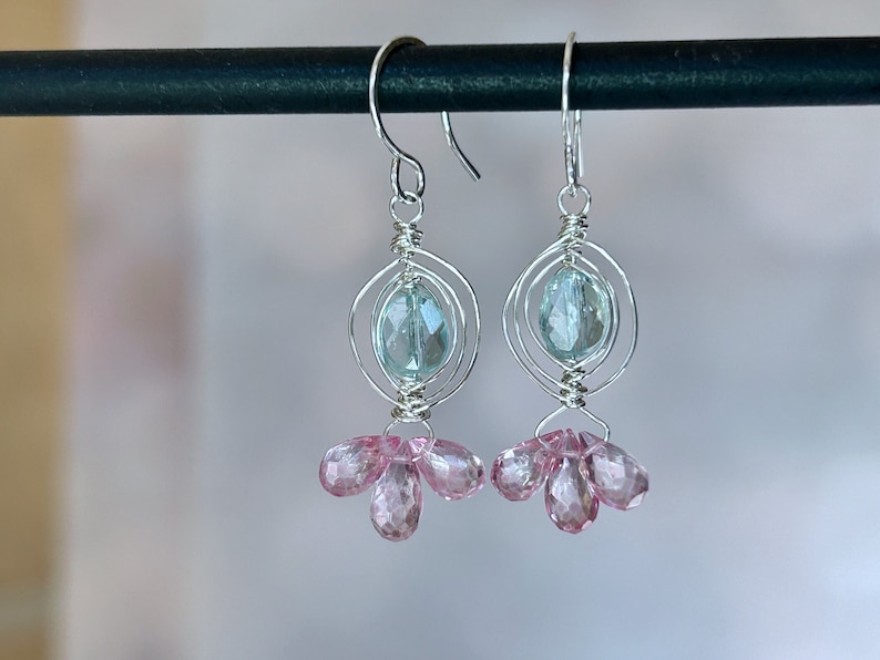 Aquamarine Earrings Silver, Pink Topaz Dangle Earrings, Blue Gemstone Dangle, Pink Gemstone Drop, March Birthstone, Gift for Wife image 1