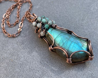 Flashy Labradorite Necklace, Labradorite and Blue Opal Pendant, Copper Wire Wrapped Labradorite, Gift for Her, Green Stone
