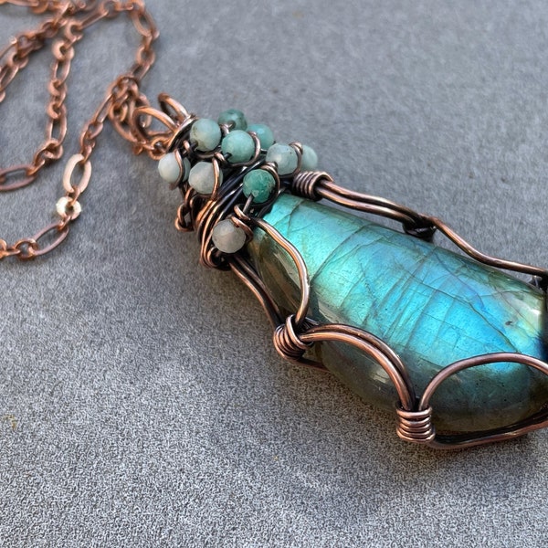 Labradorite Necklace, Copper Wire Wrapped Labradorite Pendant, Flashy Labradorite Gemstone, Gift for Her, Green Stone