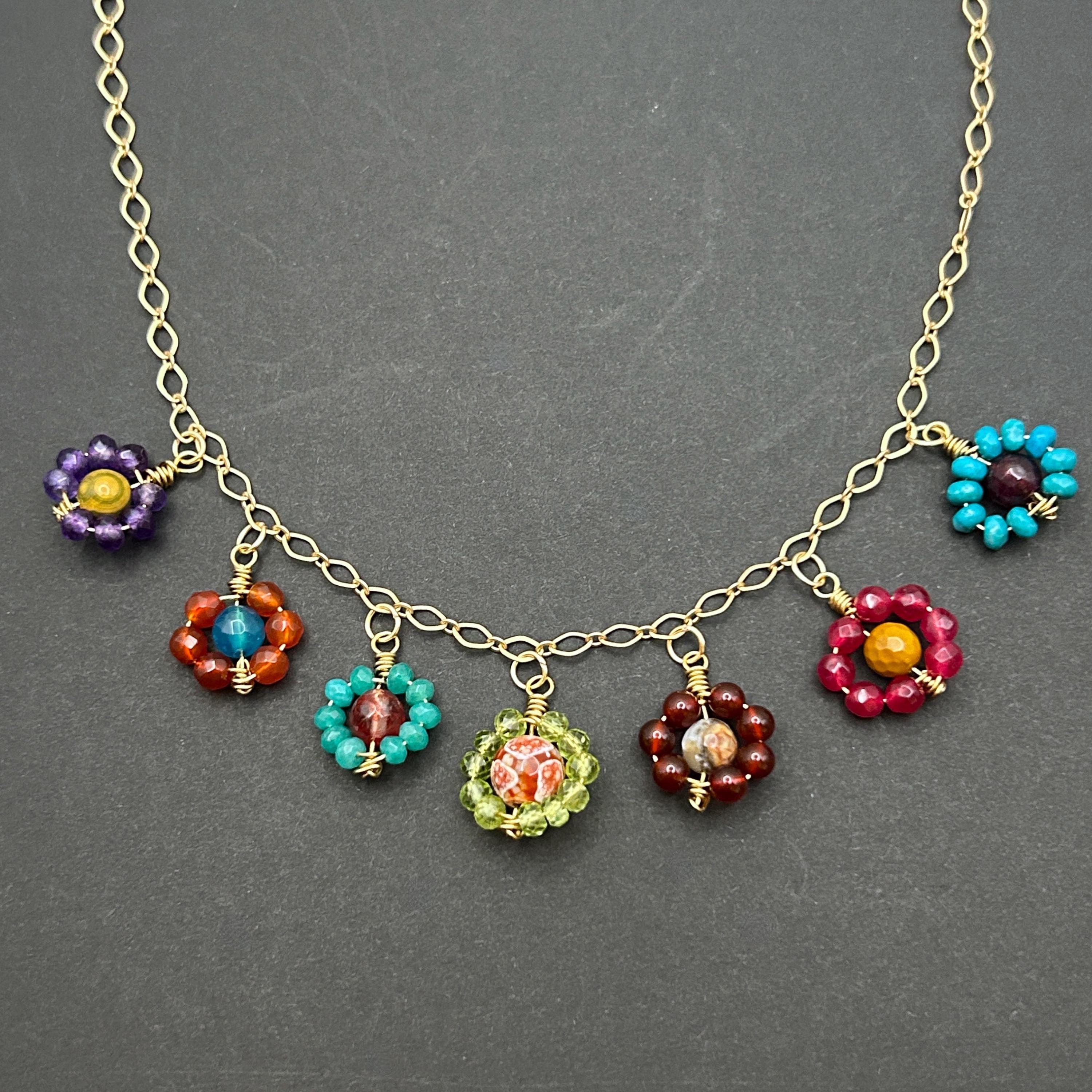 Gemstone Flower Necklace: Beaded Charm, Satin Gold Chain