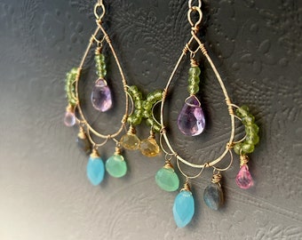 Colorful Gemstone Earrings 14k Gold Fill, Gold Chandelier Earrings, Amethyst Peridot Chalcedony Labradorite Topaz Citrine, Gift for Her