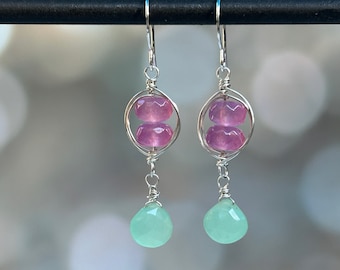 Green Chalcedony Dangle Earrings Sterling Silver, Pink Jade Earrings, Sterling Silver Wire Wrapped Earrings, Pink and Green Earrings