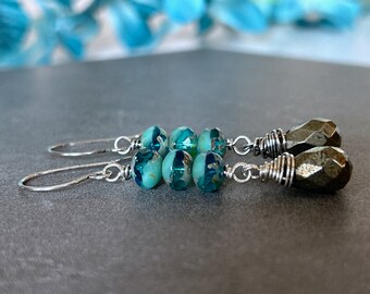 Pyrite Earrings Sterling Silver, Pyrite Dangle Earrings, Blue Czech Glass Dangle Earrings, Tropical Earrings, Gift for Her