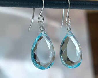 Sky Blue Earrings Silver, Quartz Drop Earrings, Blue Gemstone Dangle Earrings, Gift for Wife, Gift for Girlfriend, Aqua Blue Earrings