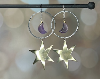 Moon and Star Earrings, Amethyst Crescent Moon Earrings, Brass Star Dangle, Gemstone Moon Earrings, Gold Star Dangle Earrings, Gift for Her