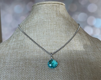 Aqua Blue Gemstone Pendant, Sparkly Blue Necklace, Aqua Quartz Pendant Silver, Gift for Her