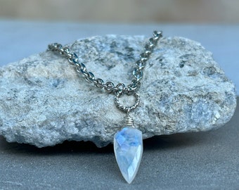 Flashy Rainbow Moonstone Pendant Necklace, Shield Shaped Moonstone Necklace Silver, Gift for Her