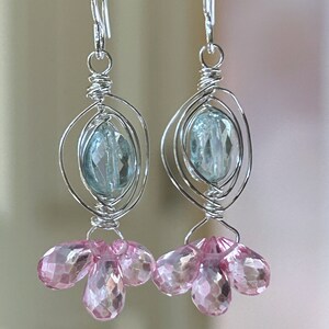 Aquamarine Earrings Silver, Pink Topaz Dangle Earrings, Blue Gemstone Dangle, Pink Gemstone Drop, March Birthstone, Gift for Wife image 3