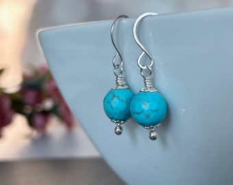 Dainty Turquoise Earrings Sterling Silver, Minimalist Turquoise Dangle Earrings, Turquoise Gemstone Drops, Blue Dangle, Gift for Her