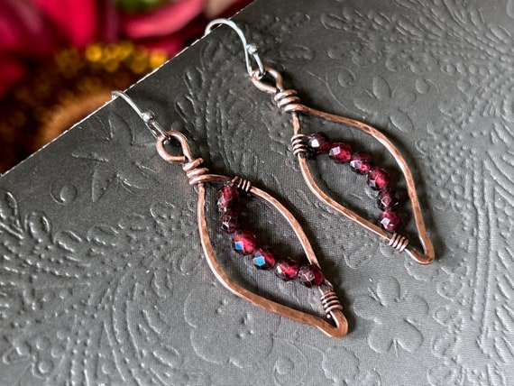 Garnet Dangle Earrings Sparkly Red Garnet Copper Leaf Earrings Gift for Her January Birthday