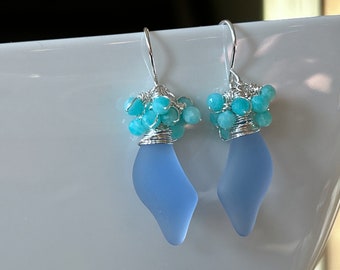 Cornflower Blue Sea Glass Earrings, Amazonite Cluster Earrings, Aqua Gemstone Drop Earrings, Blue Dangle Earrings, Beach Gift for Her