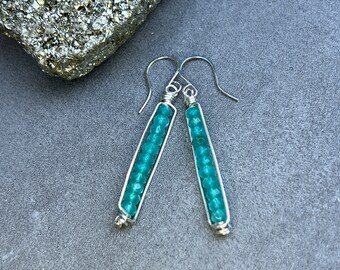 Gemstone Bar Earrings Sterling Silver, Aqua Jade Stacked Stone Earrings, Blue Dangle Earrings, Gemstone Stick Earrings