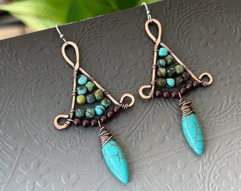 African Turquoise earrings, Copper boho dangle earrings, Garnet drop earrings, blue Turquoise Howlite Fan Earrings, Anniversary gift for her