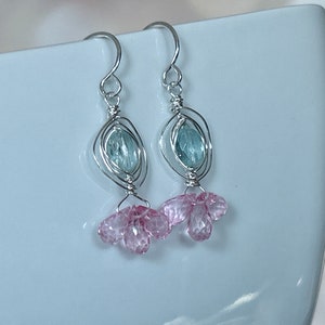 Aquamarine Earrings Silver, Pink Topaz Dangle Earrings, Blue Gemstone Dangle, Pink Gemstone Drop, March Birthstone, Gift for Wife image 5