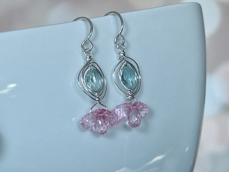 Aquamarine Earrings Silver, Pink Topaz Dangle Earrings, Blue Gemstone Dangle, Pink Gemstone Drop, March Birthstone, Gift for Wife image 5