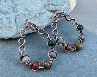 Beaded Copper Hoops, Wire Wrapped Ocean Agate Earrings, Swirly Copper Hoop Earrings, Multicolor Beaded Dangle Earrings