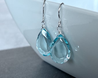 Sky Blue Earrings Silver, Quartz Drop Earrings, Blue Gemstone Dangle Earrings, Gift for Wife, Gift for Girlfriend, Aqua Blue Earrings