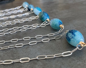 Ocean Blue Stone Necklace, Agate Pendant, Stainless Steel Paperclip Chain, Silver and Gold, Gift for Her, Gift Under 30