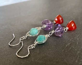 Colorful Gemstone Earrings, Mixed Gemstone Earrings Sterling Silver, Amazonite Dangle Earrings, Amethyst Drops, Carnelian, Gift for Her