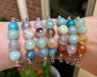 Colorful Stone Bracelet, Agate Stone Bracelet, Large Beads Gemstone Bracelet, Friendship Bracelet, Beach Colors, Bead and Chain