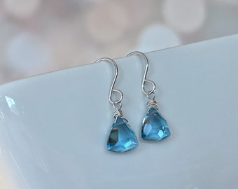 Dainty Blue Triangle Earrings, Blue Quartz Dangle Earrings, Sparkly Blue Drop Earrings, London Blue Earrings, Gift for Her