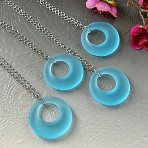 Blue Sea Glass Necklace, Cultivated Sea Glass Pendant, Blue Circle Necklace, Beach Glass, Aqua Blue, Turquoise Blue, Ocean Necklace