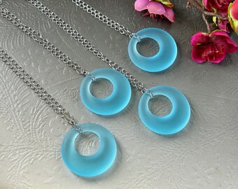 Blue Sea Glass Necklace, Cultivated Sea Glass Pendant, Blue Circle Necklace, Beach Glass, Aqua Blue, Turquoise Blue, Ocean Necklace