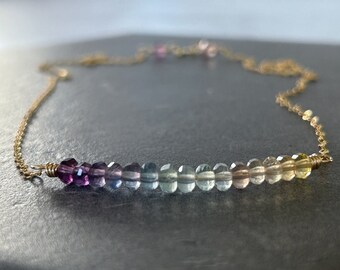 Rainbow Fluorite Necklace, Colorful Gemstone Bar Necklace Gold, Dainty Bar Necklace, Ombre Gemstone Necklace, Crystal Necklace, Gift for Her