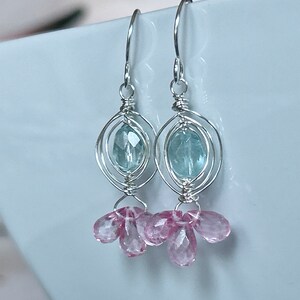 Aquamarine Earrings Silver, Pink Topaz Dangle Earrings, Blue Gemstone Dangle, Pink Gemstone Drop, March Birthstone, Gift for Wife image 2