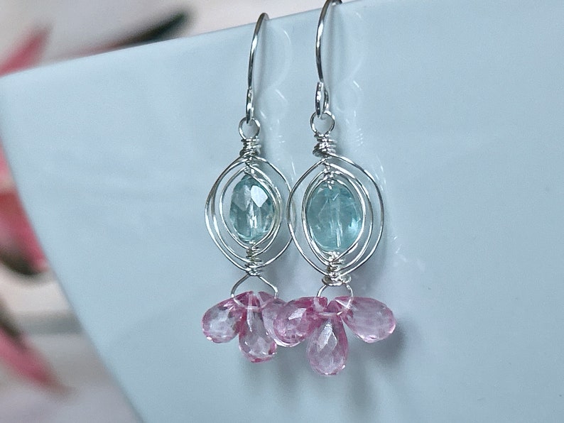 Aquamarine Earrings Silver, Pink Topaz Dangle Earrings, Blue Gemstone Dangle, Pink Gemstone Drop, March Birthstone, Gift for Wife image 2