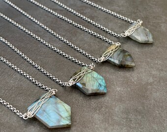Labradorite Necklace, Silver Labradorite Pendant, Blue Flash Gemstone, Shield Necklace, Stainless Steel