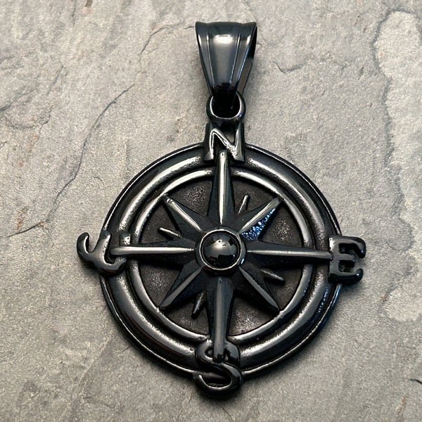 Compass Pendant for Jewelry Making, Black 304 Stainless Steel Compass, Carved Compass Pendant for Necklace, Men's Nautical Pendant