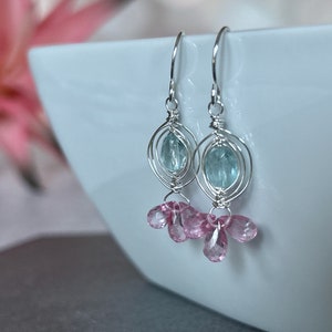 Aquamarine Earrings Silver, Pink Topaz Dangle Earrings, Blue Gemstone Dangle, Pink Gemstone Drop, March Birthstone, Gift for Wife image 7