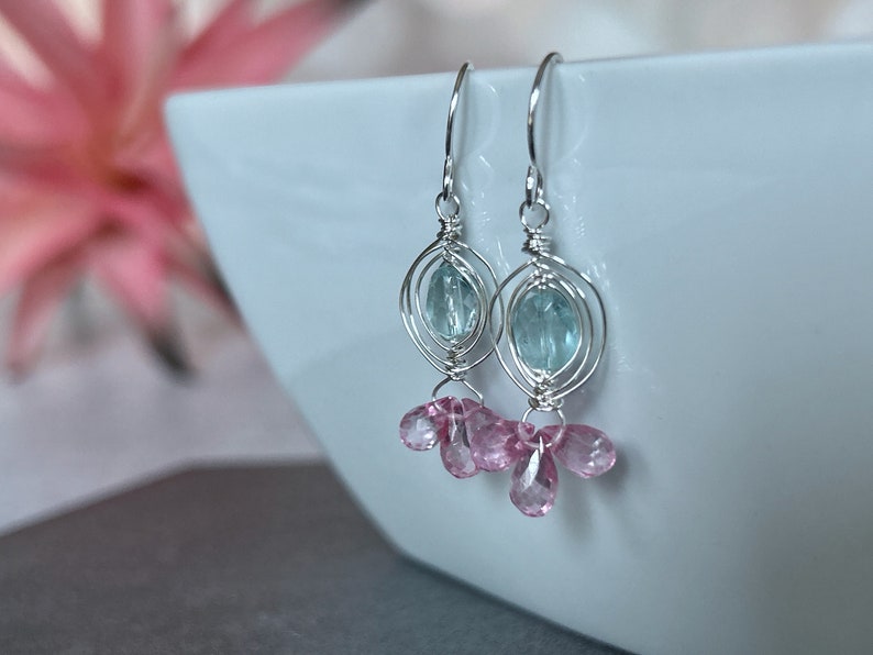 Aquamarine Earrings Silver, Pink Topaz Dangle Earrings, Blue Gemstone Dangle, Pink Gemstone Drop, March Birthstone, Gift for Wife image 7