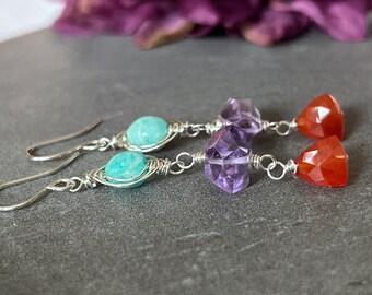 Colorful Gemstone Earrings, Mixed Gemstone Earrings Sterling Silver, Amazonite Dangle Earrings, Amethyst Drops, Carnelian, Gift for Her