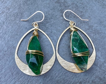 Green Stone Hoops, Fire Agate Earrings, Green Boho Earrings, Gold Hoop Earrings, Brass Hoops, Green Stone Drops, 14K Gold Fill, Gift for Her