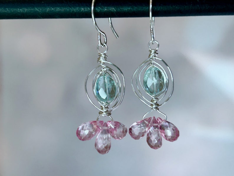 Aquamarine Earrings Silver, Pink Topaz Dangle Earrings, Blue Gemstone Dangle, Pink Gemstone Drop, March Birthstone, Gift for Wife image 6